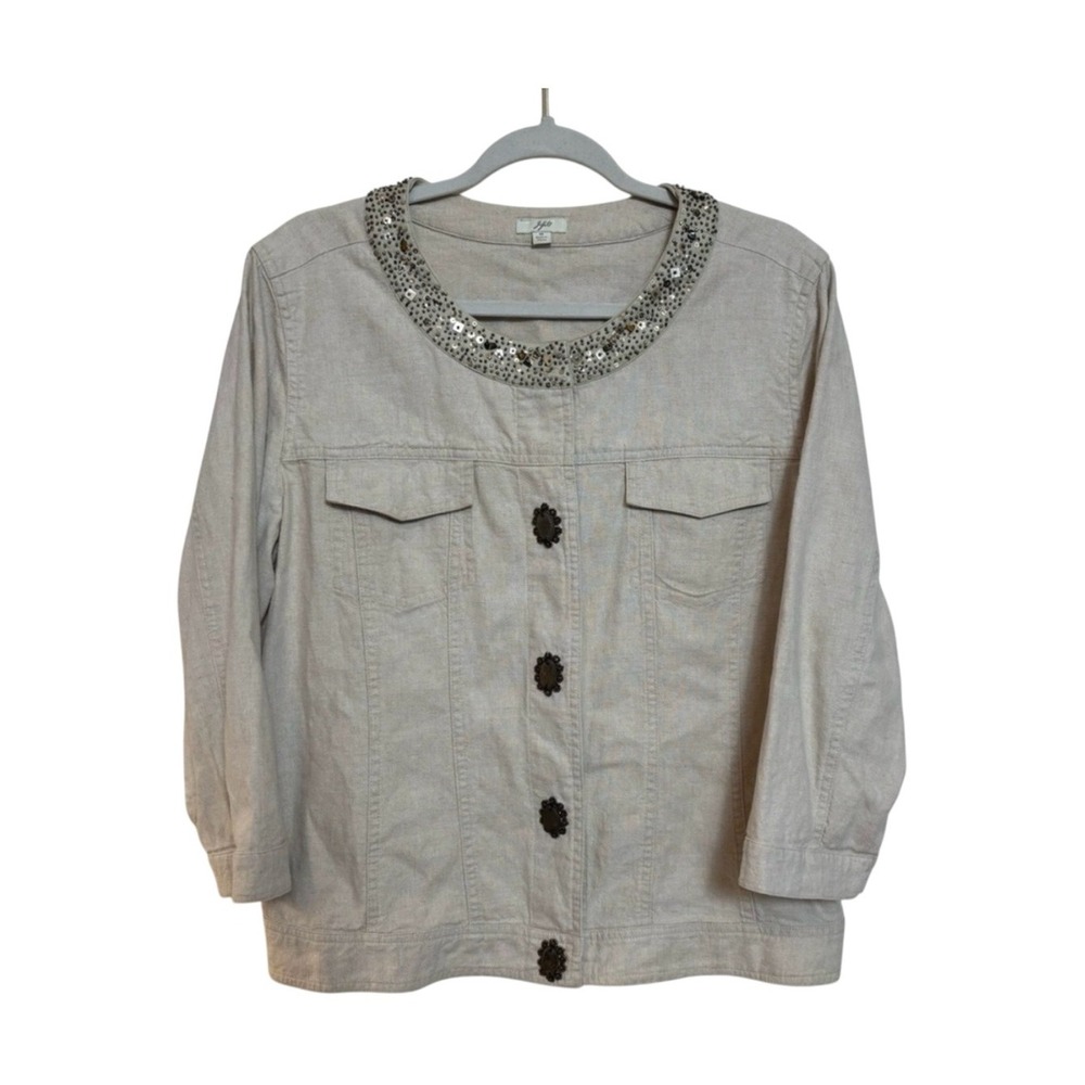 J.Jill Women's Jacket Beige Linen Cotton Beaded‎ Collar Button Front Size M